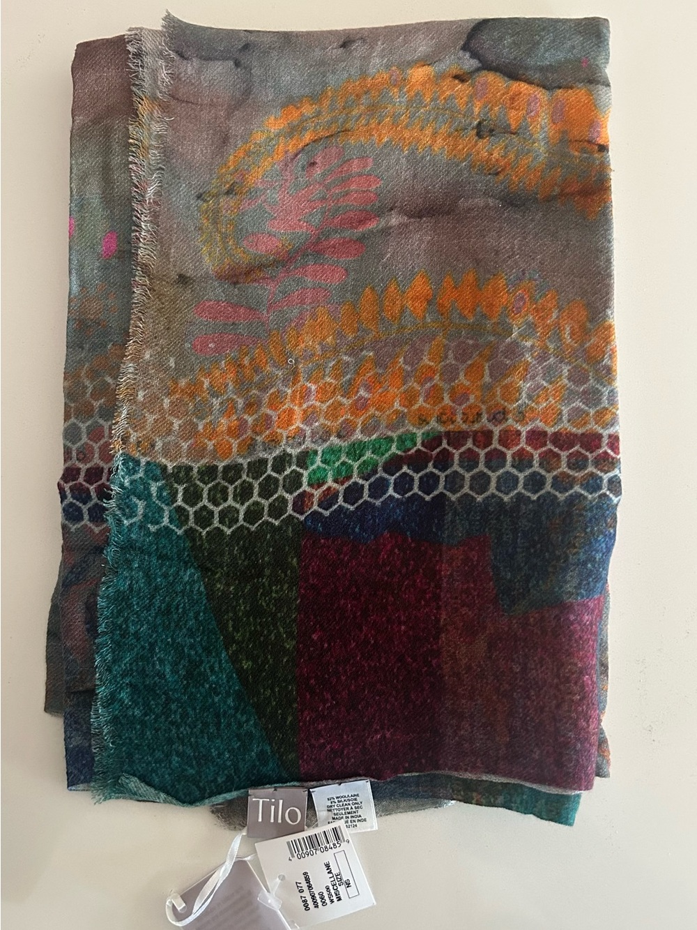Tilo Multicolor Paisley & Geometric Wool-Blend Scarf - Gray, Teal, Orange